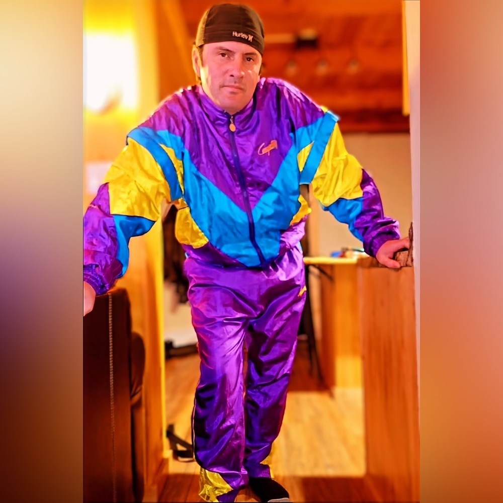 Rare shiny satin purple and yellow shellsuit windsuit tracksuit. Shiny nylon